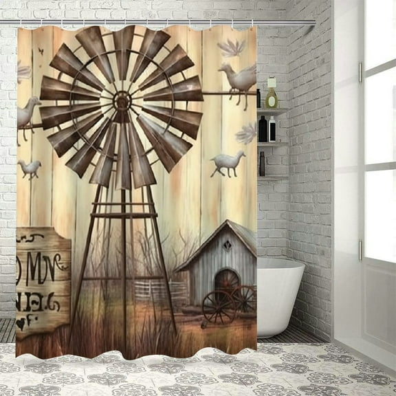Creowell Windmill Bird Rustic Pretty Shower Curtain 100% Polyester Fiber Bathroom Decor with Hooks 36x72