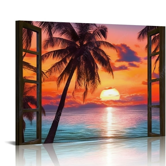 Creowell Window View of Hawaii Seascape Canvas Wall Art Tropical Palm Tree Picture Prints Sunset at Ocean Landscape Painting Nature Scenery Artwork for Bathroom Office Bedroom Decor 20x16 in/16x12 in