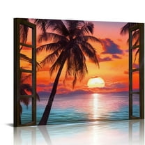 Creowell Window View of Hawaii Seascape Canvas Wall Art Tropical Palm Tree Picture Prints Sunset at Ocean Landscape Painting Nature Scenery Artwork for Bathroom Office Bedroom Decor 20x16 in/16x12 in