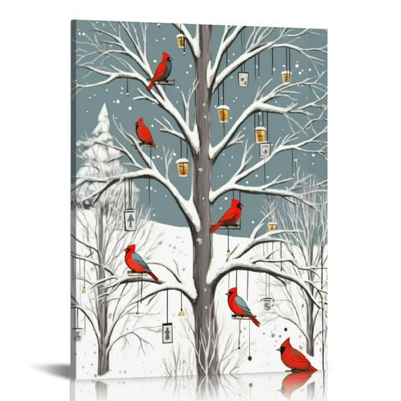 Creowell Winter Canvas Artwork Snow Scene Red Birds with Christmas Tree Wall Art 12x16 in