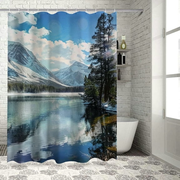 Creowell  Winter Shower Curtain, Tranquil View of Glacier National Park in Montana Water Reflection Peaceful, Cloth Fabric Bathroom Decor Set with Hooks,Brown Blue White