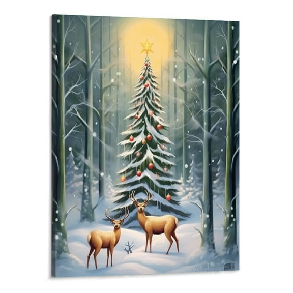 Creowell  Winter Tree Snow Scene Wall Art Christmas Tree Canvas Picture Two Elk Deer Hunting Poster Prints Christmas Artwork for Home Decor Framed (Christmas 16x20 Inch)
