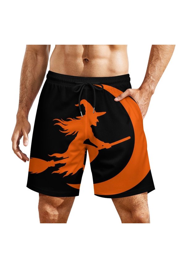 Witch On Broom Crescent Moon Orange Graphic Men's Beach Shorts, Breathable Mesh Lining Quick Dry with Pockets, Casual Swimwear for Adults,