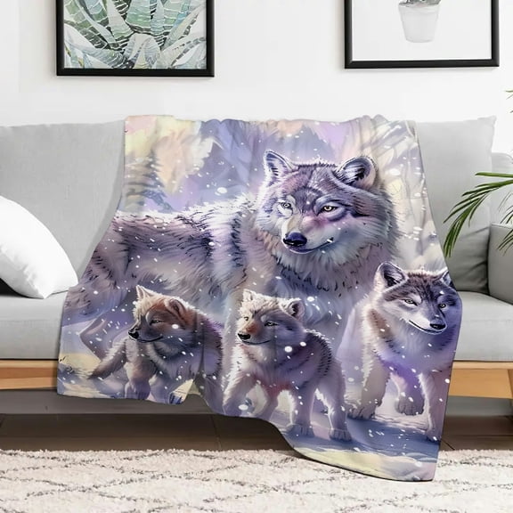 Creowell Wolf Family Baby Wolf Snow Warm Cozy Decorative Blanket Flannel Lightweight Fuzzy Soft Cozy Blanket for Sofa Travel Camping Bed Chair Multi-purpose Gift Blanket All Season 30x40in