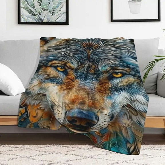 Creowell Wolf Feathers Blue Background Fuzzy Fluffy Soft Cozy Blanket, Flannel Home Leisure Blanket for Couch Bed Sofa, Multi-purpose Gift Blanket for All Seasons, Heat Transfer Printing, Multiple