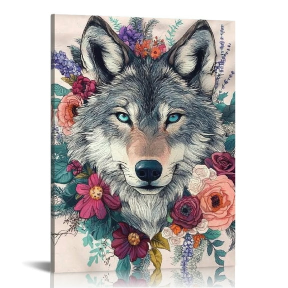 Creowell Wolf Flowers Art Canvas Wall Art Home Decor 12x16 16x20 12x16in