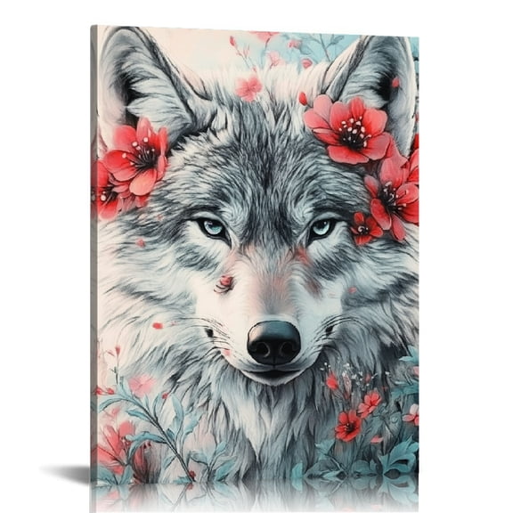 Creowell Wolf Flowers Digital Art Canvas Wall Art Home Decor 12x16in