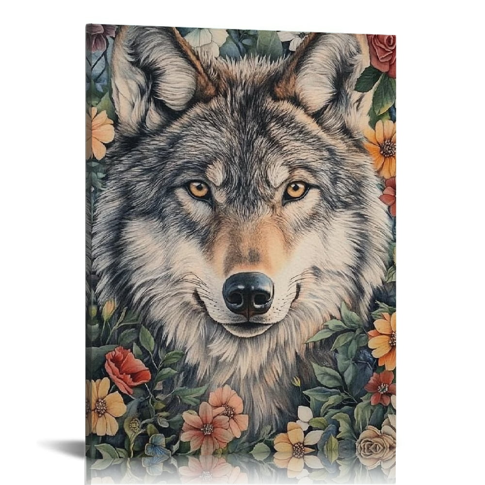 Creowell Wolf Flowers Leaves Print On Canvas Wall Art Decor, Ready to ...