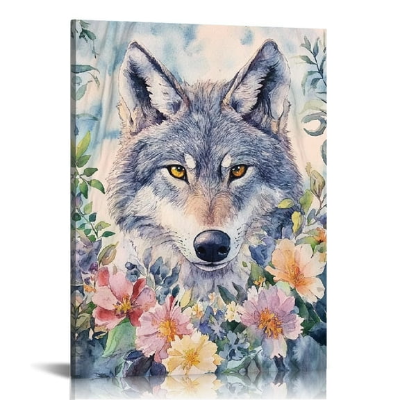 Creowell Wolf Flowers Watercolor Art Print Canvas Wall Decor 12x16in