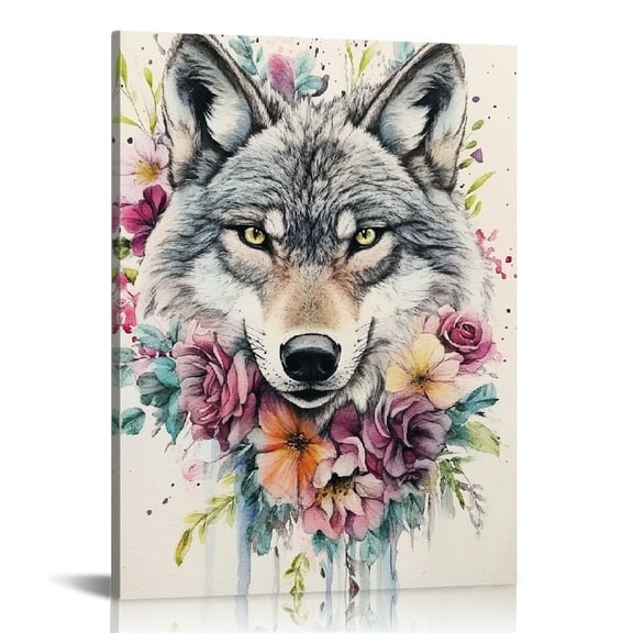 Creowell Wolf Flowers Watercolor Canvas Print Wall Art Decor 12x16in
