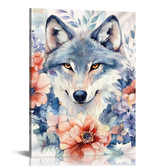 Creowell Wolf Flowers Watercolor Canvas Print Wall Art Home Decor 12x16in