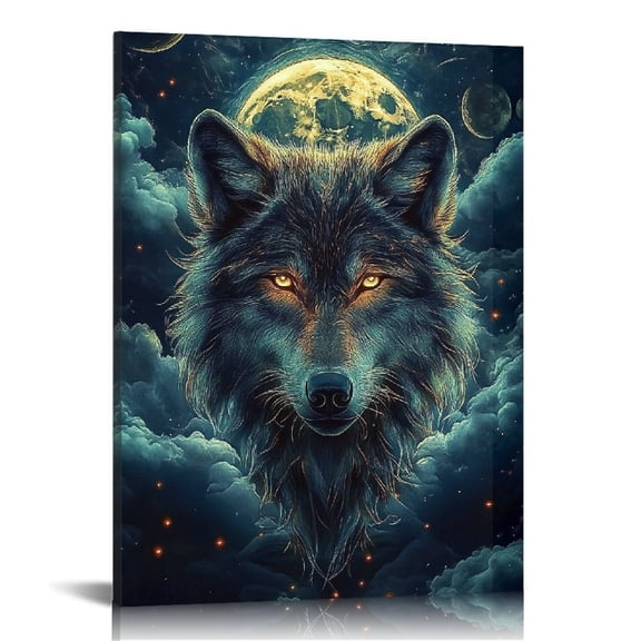 Creowell Wolf Full Moon Wall Decor for Bedroom Kitchen Living Room Office, Canvas Print Art Home Decor 16x20in