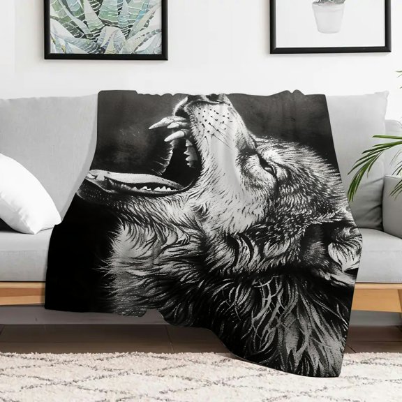 Creowell Wolf Sky Open Mouth Home Leisure Flannel Blanket for Couch Bed Sofa Durable Soft and Warm Multifunctional Blanket All Season Gift 40x50in