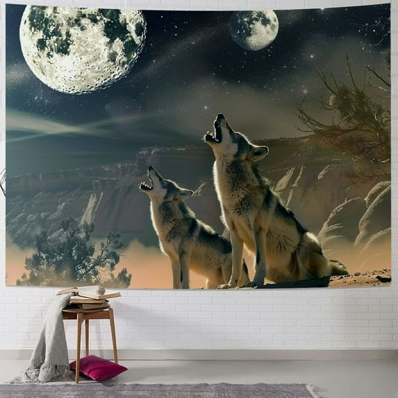 Creowell Wolf Tapestry Wall Hanging Wild Animal Wall Tapestry Wolves Howl in Snowy Tapestries Winter Snow Scene Wall Decor Blanket for Bedroom Room Dorm Kids Room 60x50inch
