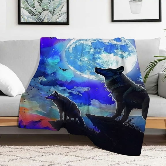 Creowell Wolfs Night Sky Full Moon Fuzzy Fluffy Soft Cozy Blanket, Flannel Lightweight Blanket, Home Leisure Flannel Blanket for Sofa, Travel, Camping, Bed, Chair, Multi-purpose Gift Blanket