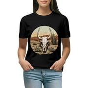 Creowell Women's Plus Size Short Sleeve Crewneck T-Shirt Cow Print Bull Shirts Retro Bull Skull Graphic Tees AL11-08 Black