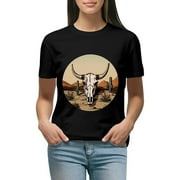 Creowell Womens Black T Shirt Cow Print Bull Shirts Retro Bull Skull Graphic Tees, Plus Size Short Sleeve Crewneck T Shirt AL11-02 Black