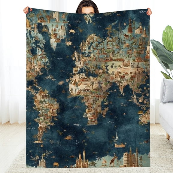 Creowell World Map Blanket - Vintage Landmark Design with Night Sky Throw,Gifts for Women Men Adult, Soft & Warm,Lightweight, for Modern Artistic Decor, Living Room Home Accent 60*80in
