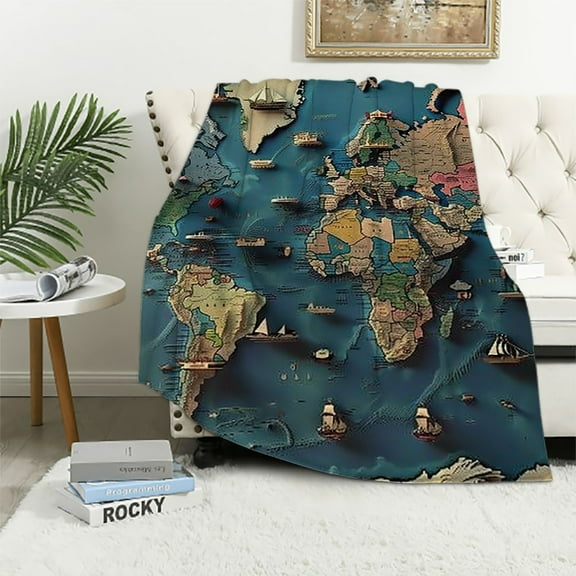 Creowell World Map with Landmarks and Monuments Blanket - Flannel Throw, Detailed World Map with Landmarks Design, Ideal for Geography Lovers, Perfect for Bed, Couch & Travel 50x60in