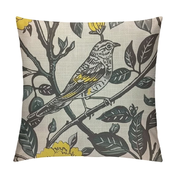 Creowell Yellow Bird Throw Pillow Cover Floral Bud Foliage Nature Plant Flower Botanical Branch Watercolor Pillow Case Decorative Men Women Boy Girl Room Cushion Cover for Home Couch Bed