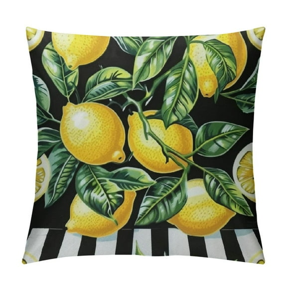 Creowell Yellow Lemons Black and White Stripes Double Sided Pillow Cases Summer Fresh Fruit Pattern Plush Pillowcase Square Cushion Pillow Covers for Sofa Bed Home Decor