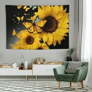 Creowell  Yellow Tapestry Sunflower Decor Rustic Wall Decor Black 60x40 Inch Farmhouse Girl Bedroom Wall Art Women Floral Decorations Butterfly Flower Country Wall Hanging Living Room Decor 60x40in