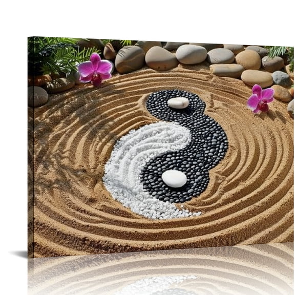 Creowell Yin-Yang Garden Stones Canvas Wall Art Ready To Hang Decor 20x16in