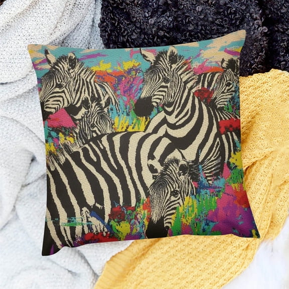 Creowell Zebra Flowers Field Pillow Case 100% Linen Decorative Cover 18x18in