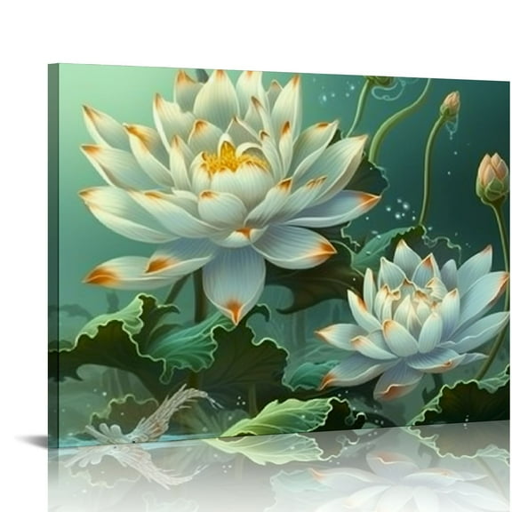 Creowell  Zen Bathroom Wall Decor Lotus Wall Art Water Lily with Dragonfly Canvas Prints Green Spa Paintings Meditation Spiritual Yoga Decor Framed 20x16in