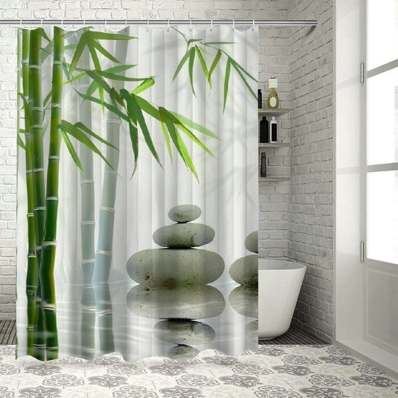 Creowell Zen Stone Bamboo Shower Curtain Wild Grass Reflection in Water Design Decor Asian Japanese Garden White Background Polyester Fabric Bathroom Décor Curtains Set with Hook White