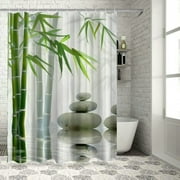 Creowell Zen Stone Bamboo Shower Curtain Wild Grass Reflection in Water Design Decor Asian Japanese Garden White Background Polyester Fabric Bathroom D cor Curtains Set with Hook White