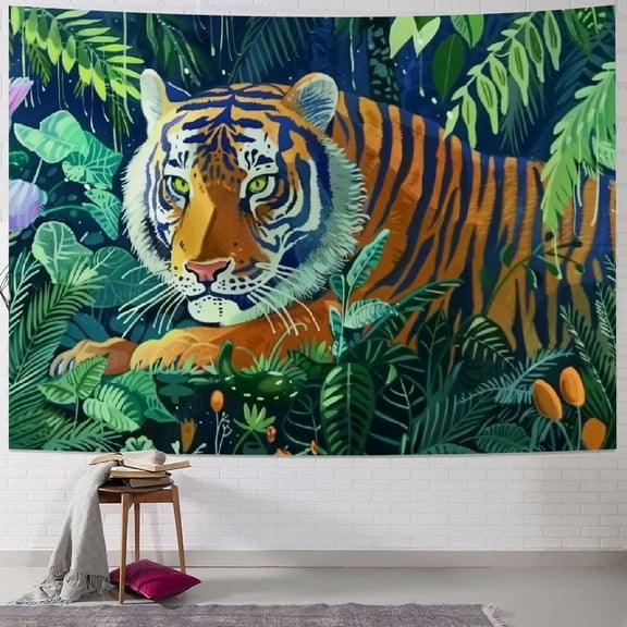Creowell tiger tapestry jungle woodland tropical animal leaf plants rainforest cartoon green Room Decor Wall Art For guys boy College Bedroom Living Room Horizontal Decorations Tapestry 60x50inch