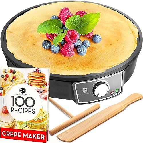 Crepe Maker Machine (Easy to Use), Pancake Griddle - Nonstick 12" Electric Griddle - Pancake Maker, Batter Spreader, Wooden Spatula - Crepe Pan for Crepes Roti, Tortilla, Blintzes - Portable, Compact