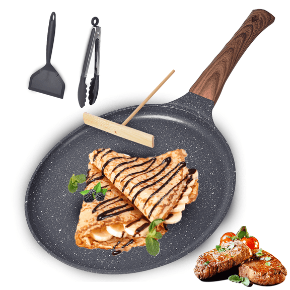Crepe Pan Nonstick Dosa Tawa Pan,11 inch Flat Pan,Skillet Pan,Cast Aluminum Tortilla Pan for Pancake Omelette Steak Frying Egg with Ergonmic Handle,For All Stoves