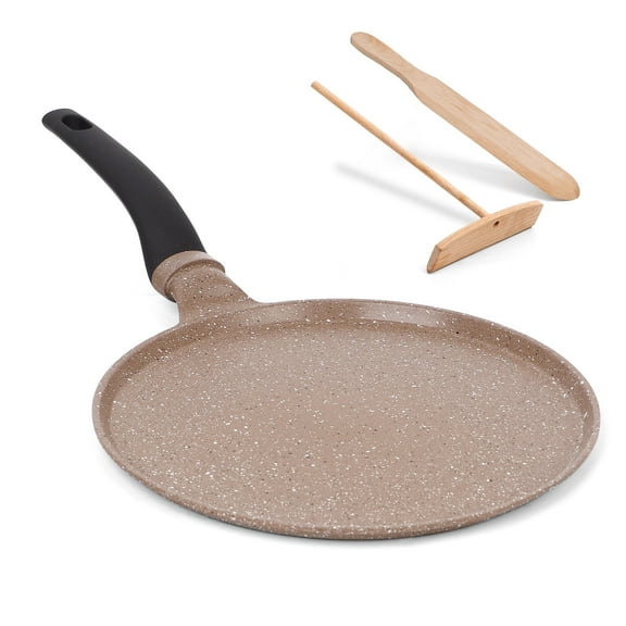 Crepe Pan Nonstick for Dosa Tawa Peep Tortilla Pancake, DIIG 11 inch Nonstick Granite Stone Coated Skillets with Spreader Spatula, Flat Bottom for Gas Electric Induction All Stove Top, Brown