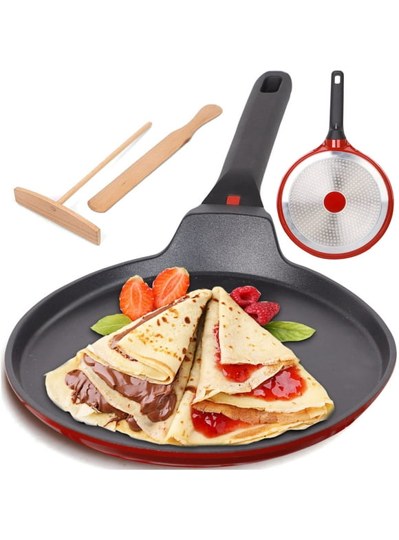 Crepe Pan Nonstick with Spreader and Spatula Set for Dosa Tawa Tortilla Pancake, 11" All Stoves Compatible, Aluminum Alloy Heats Quickly & Evenly, PFOA-free