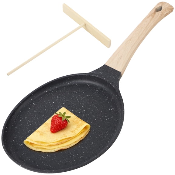 Nonstick Crepe Pan with Wooden Spreader Tool, 8 in Aluminum Alloy Pancake and Dosa Flat Skillet, Electric Ceramic Gas Induction Compatible Tawa Griddle with Nonstick Coating and Anti-Scald Handle