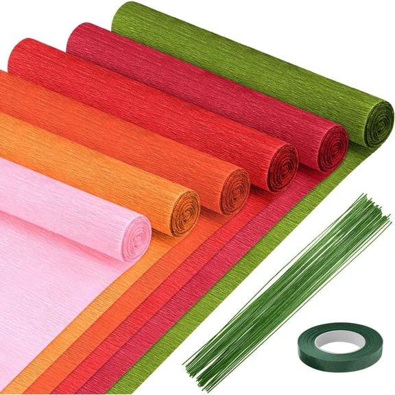 Crepe Paper - 6 Rolls, Red, 10 Inch Wide, Streamers, Flower Making Kits, Green Floral Tape and Floral Stem Wire for Wedding, Festival, Party, DIY Flower Crafts