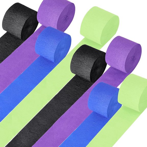 Crepe Paper Streamers Kit 8 Rolls 656ft, Black Purple Blue Green Streamer Bulk for Video Game Party Photo Booth Prop Decorations