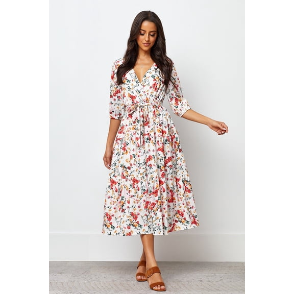 Crepe Short Sleeve Balloon Sleeve V-Neck Printed Tall Casual Dress