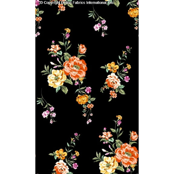 Crepe Techno Printed Nealy Floral Fabric - Stretch Crepe Prom Dress Sewing (BLACK/ORANGE/YELLOW, HalfaYard)