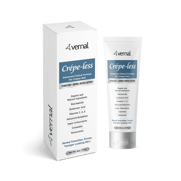 Crepe-less Crepey Skin Firming Cream to Reduce Crepey Arms, Neck & Hands.  Finally, an Organic Cream That Uses Facial Ingredients For Your Body! Best moisturizer to treat saggy, crepe skin.