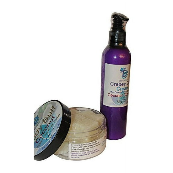 Crepey Skin Body & Face Cream & Exfoliating Sugar Scrub Set, With Hyaluronic Acid, Alpha Hydroxy and More (coconut cocktail scent))