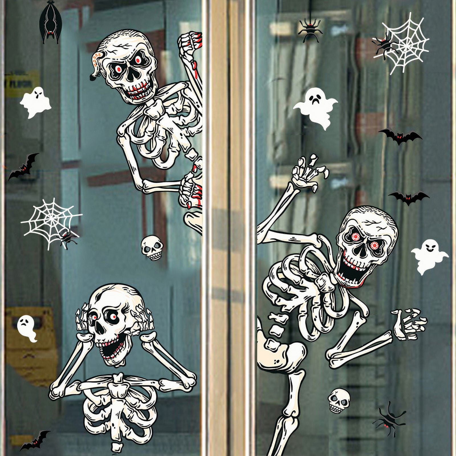 Crepromax Halloween skeletons Window Clings 4 Sheets Removable Skull Window Stickers Decals for Day of The Dead Fall Haunted House Party Glass Decoration Supplies