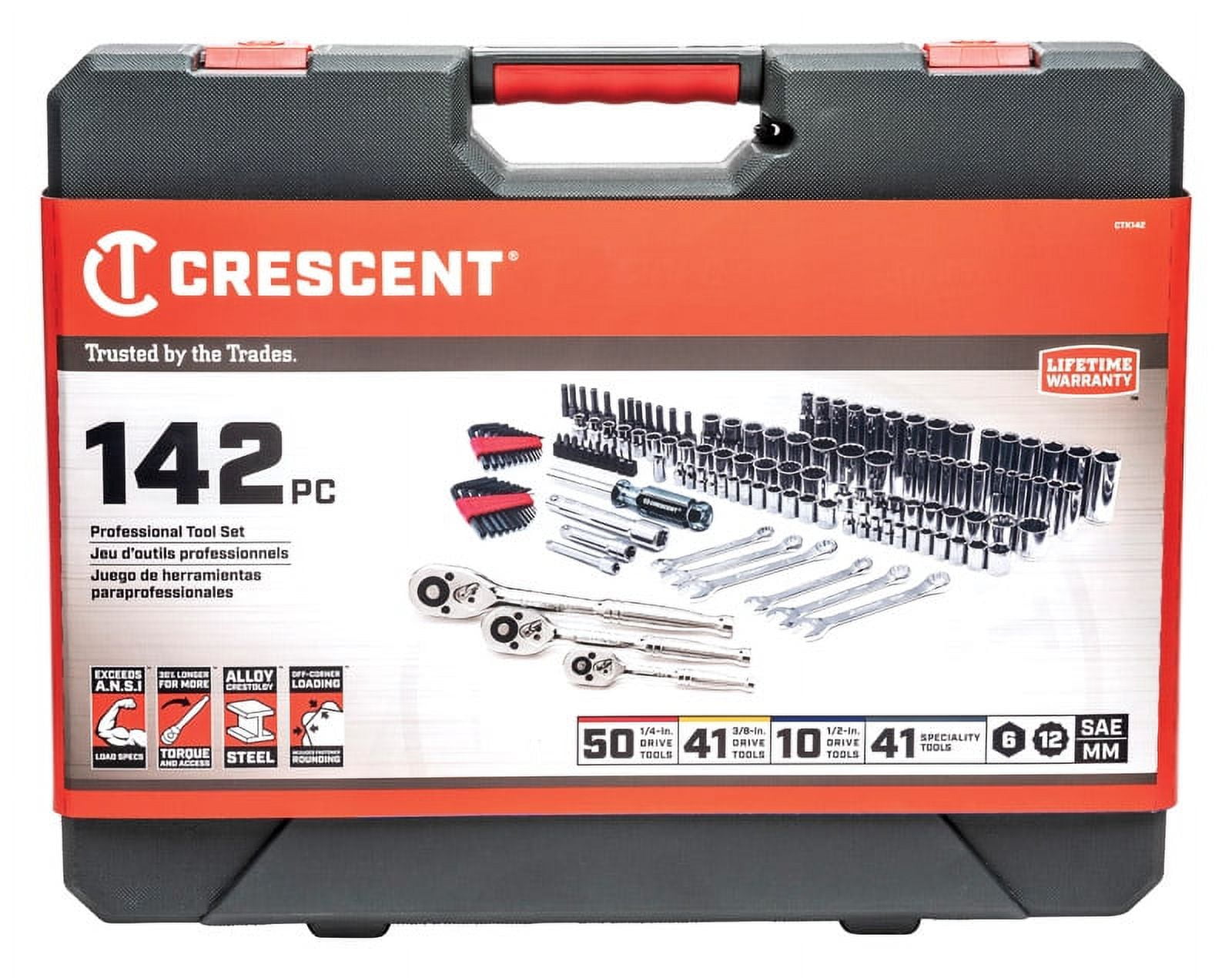Crescent 1/4, 3/8 and 1/2 in. drive Metric and SAE 6 and 12 Point  Mechanic's Tool Set 142 pc.