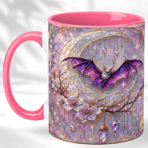 Crescent Bat Coffee Mug, Floral Moon Mug, Ceramic 11 oz