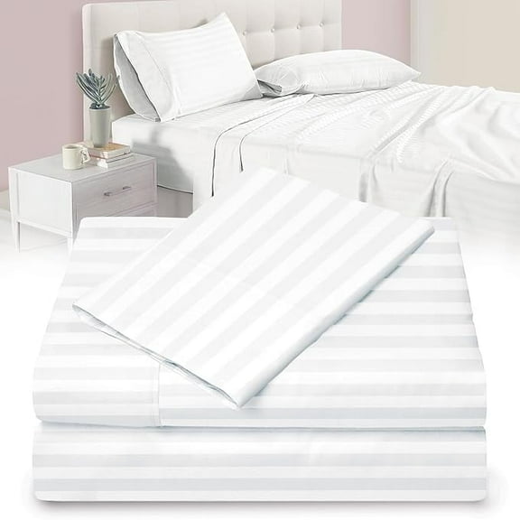 Crescent Bedding - 100% Microfiber Bright White - Striped 3 PC Sheet Set - Twin Extra Long –Wrinkle, Fade, Stain Resistant Bed Sheets -Twin XL