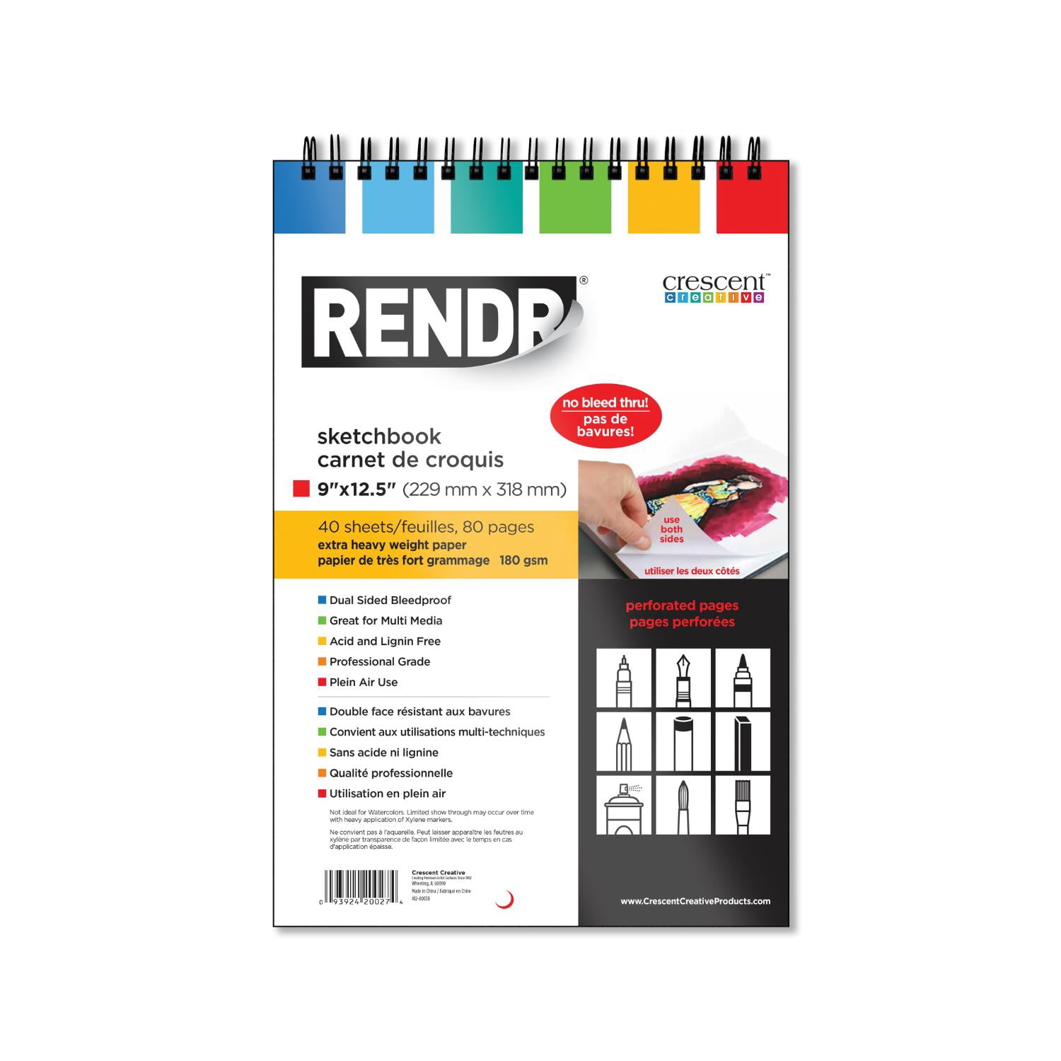 RENDR No Show Thru Wire Bound Perforated Pages Drawing Sketch Books for Artist, 9" x 12.5", No-Bleed, Acid & Lignin Free, 80 pages, All Media, 180 GSM