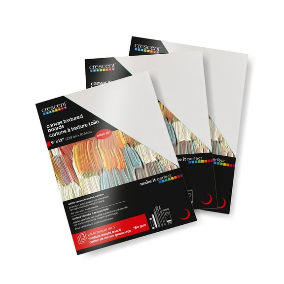 Crescent White Canvas Boards for Painting, Drawing, Sketching, 9"x12", 3-Pack, Multi-Media, Acid Free, Rigid, Portable, Ideal For Plein Air, Cold Press
