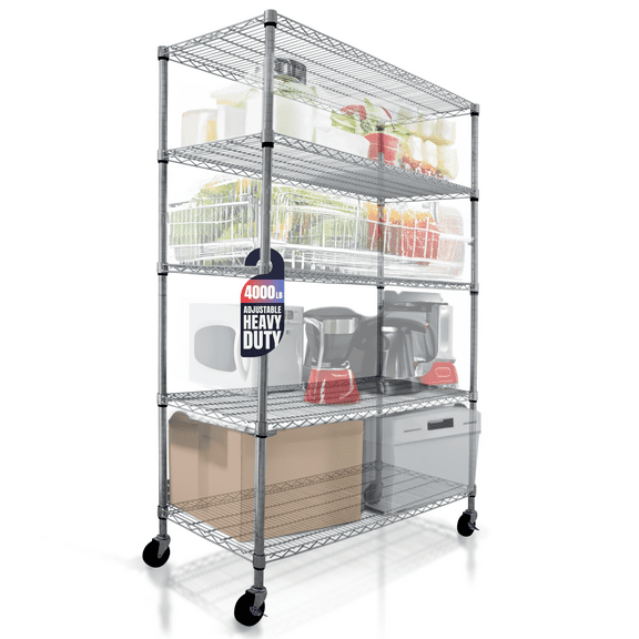 Crescent, Chrome, 48 x 24 x 76, 4000 LBS, Metal Shelves for Storage with Wheels, Ideal for Garage Shelving, 5 Tier Wire Shelving Rack for Kitchen Storage, Heavy Duty Shelving for Home Storage